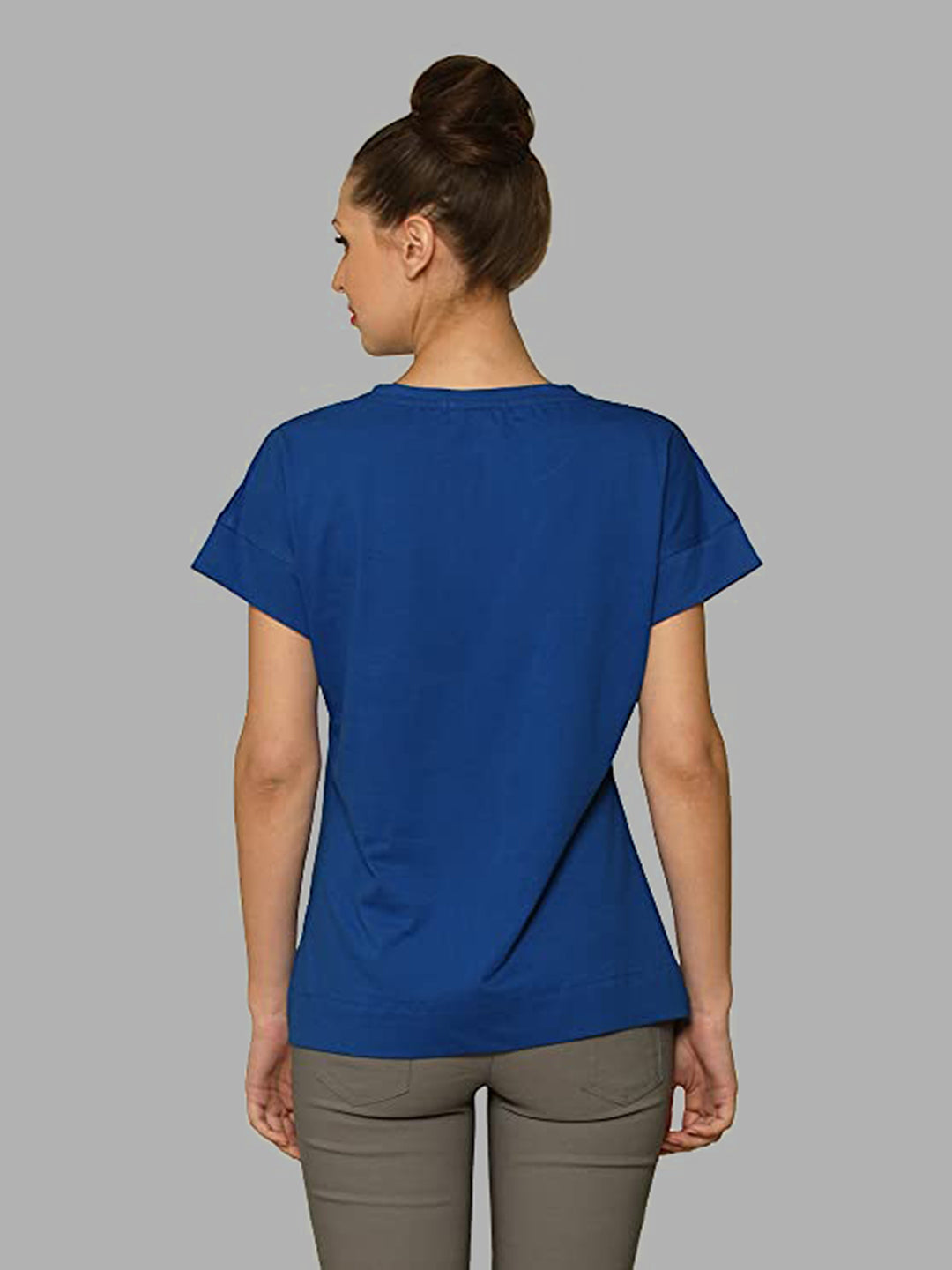 Women's Blue Round Neck Short Sleeves Basic Solid Top