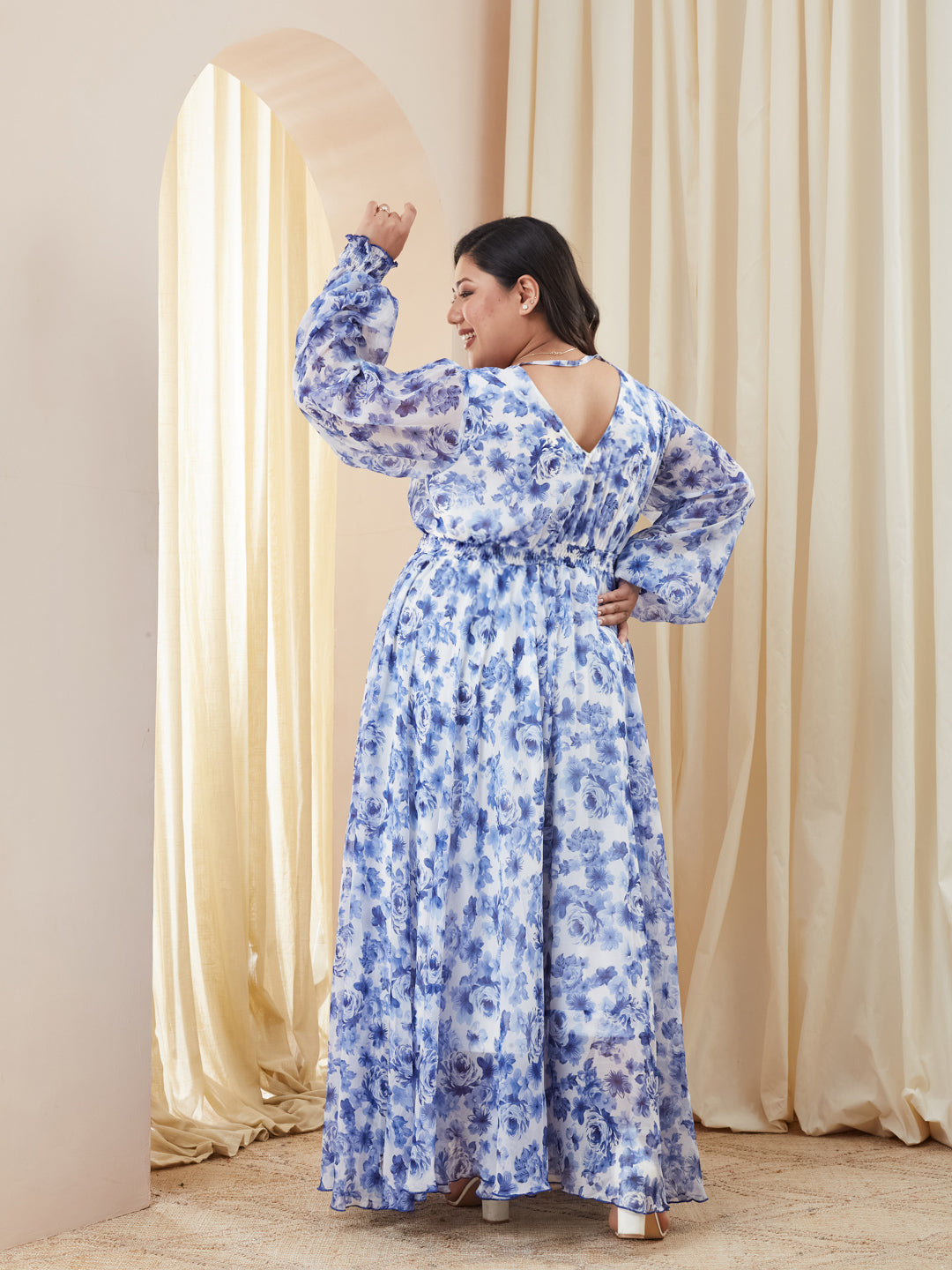Multicolored Base White V-Neck Full Sleeve Floral Gathered Chiffon Maxi Dress for Women