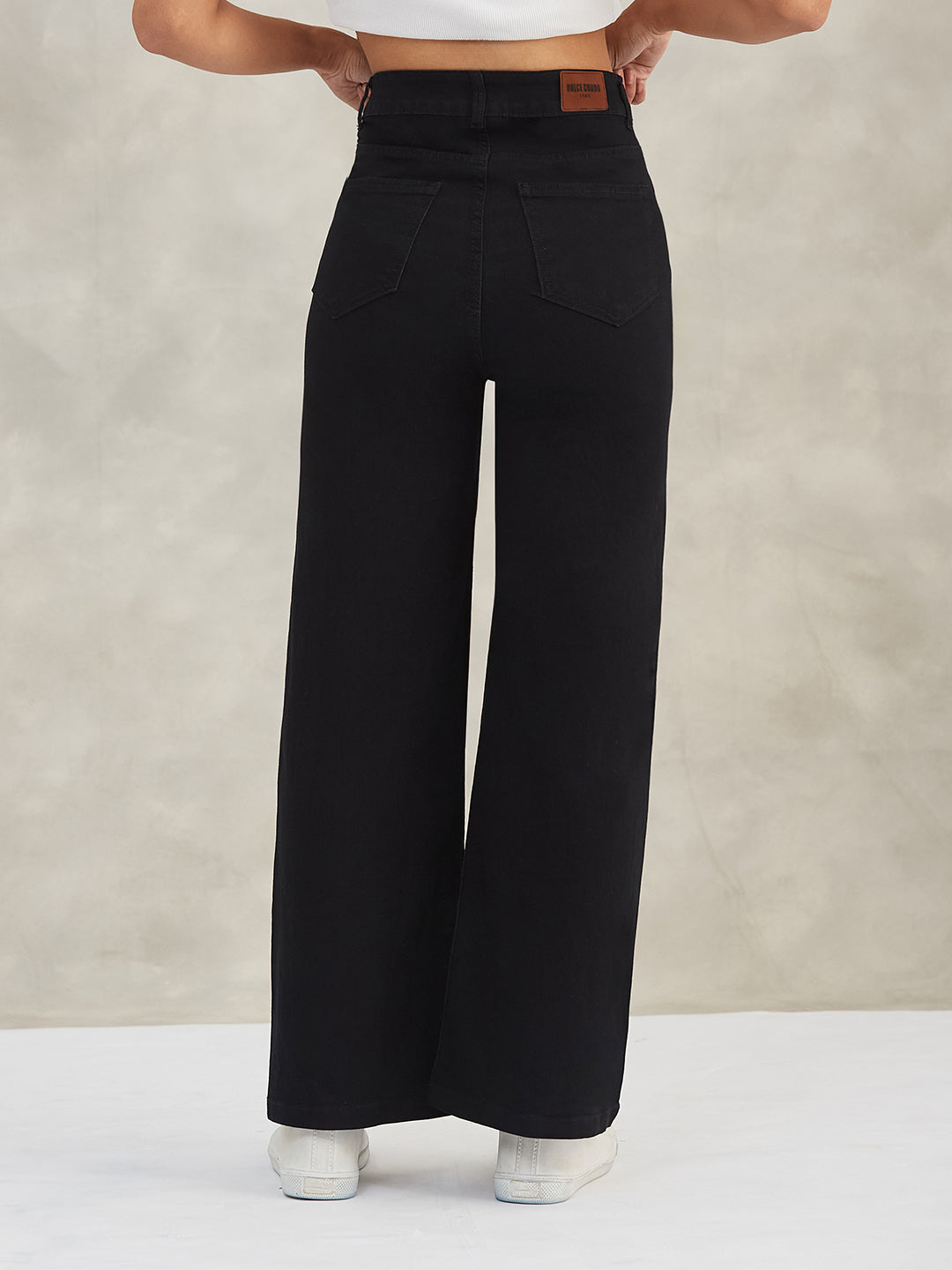 Women's Black Wide-Leg High-Rise Stretchable Denim Jeans