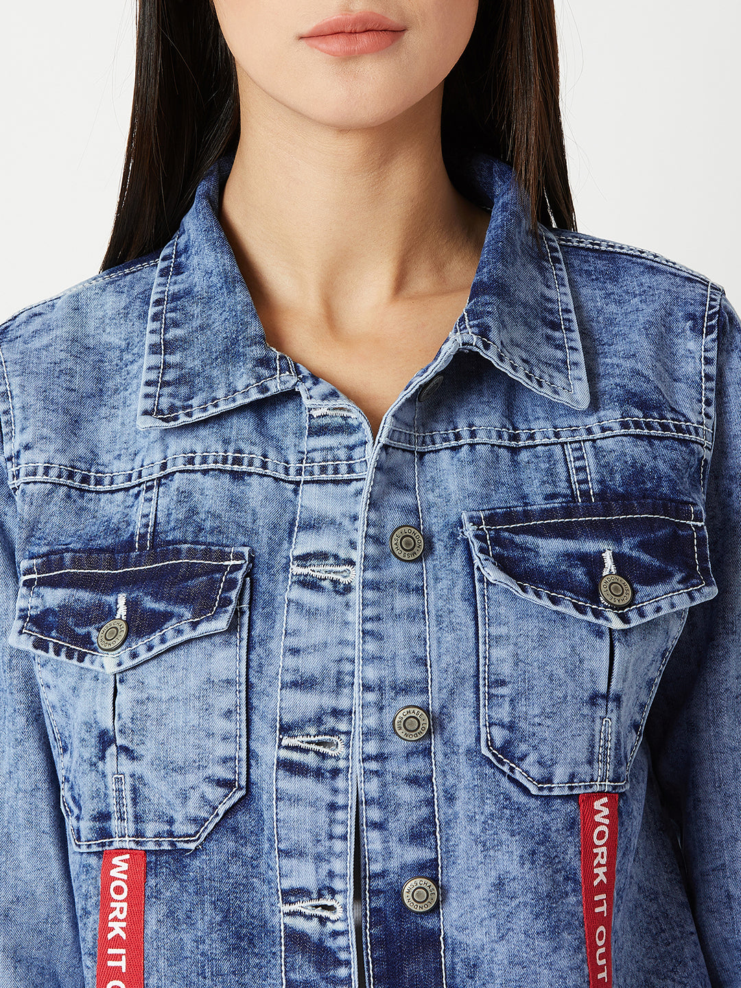 Women's Light Blue Collared Full Sleeve Buttoned Twill Tape Detailing Solid Denim Jacket