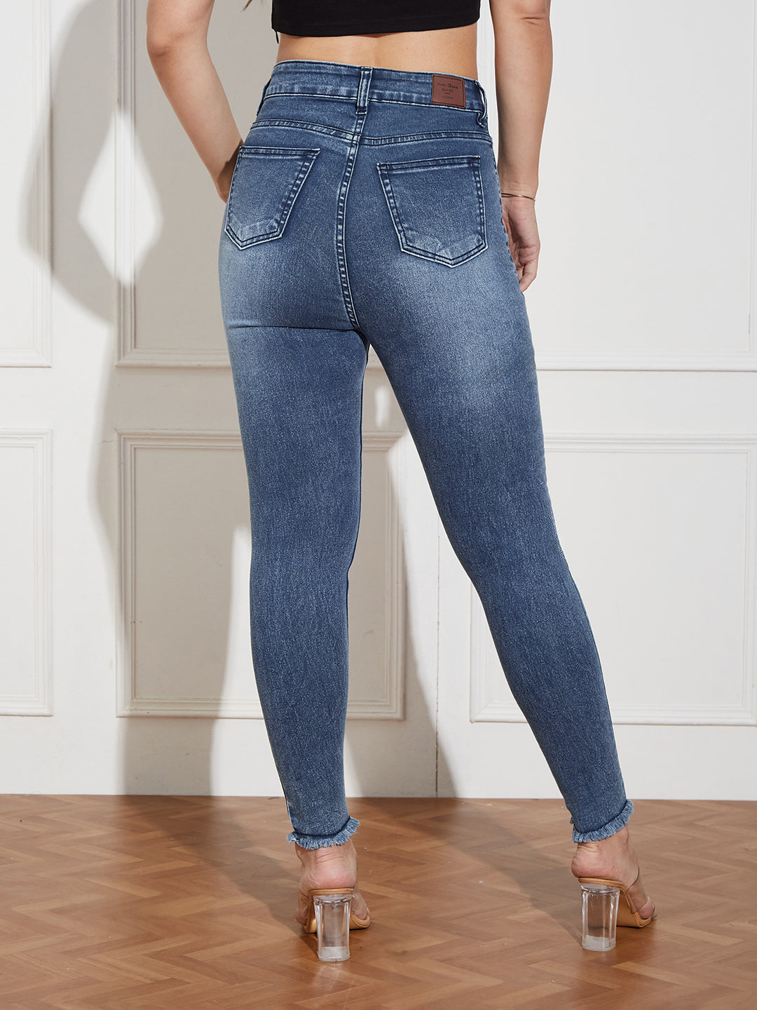 Women's Mid Blue High Rise Mildly-Distressed Cropped Stretchable Denim Skinny Jeans