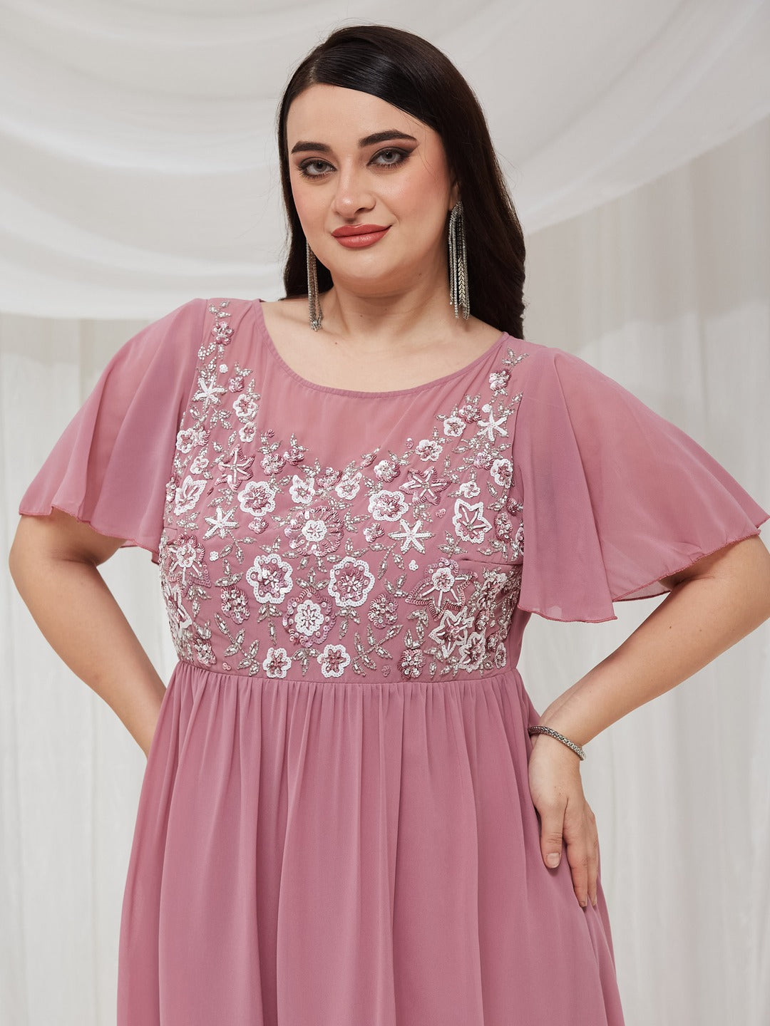 Dusty Lavender Boat Neck Half Sleeve Solid Embellished Georgette Maxi Dress for Women — Miss Chase A+