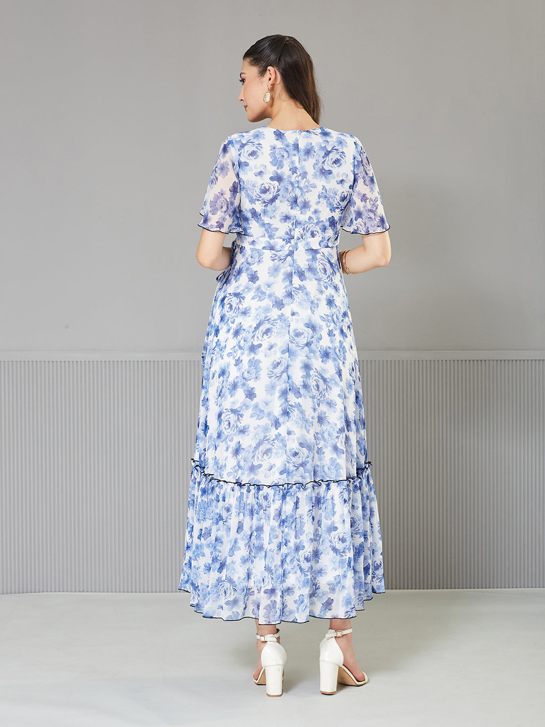 Women's Multicolored Floral Wrap Chiffon Maxi Dress with White Base & Flutter Sleeves