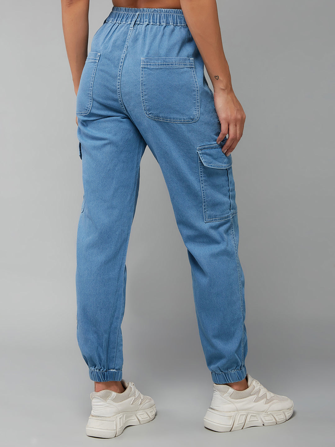 Women's Light Blue Regular High-Rise Clean-Look Light Weight Stretchable Denim Joggers