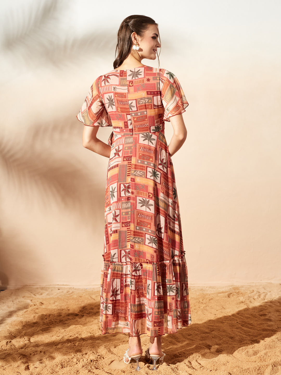 Peach Floral Printed Flutter Sleeves Maxi Dress for Women