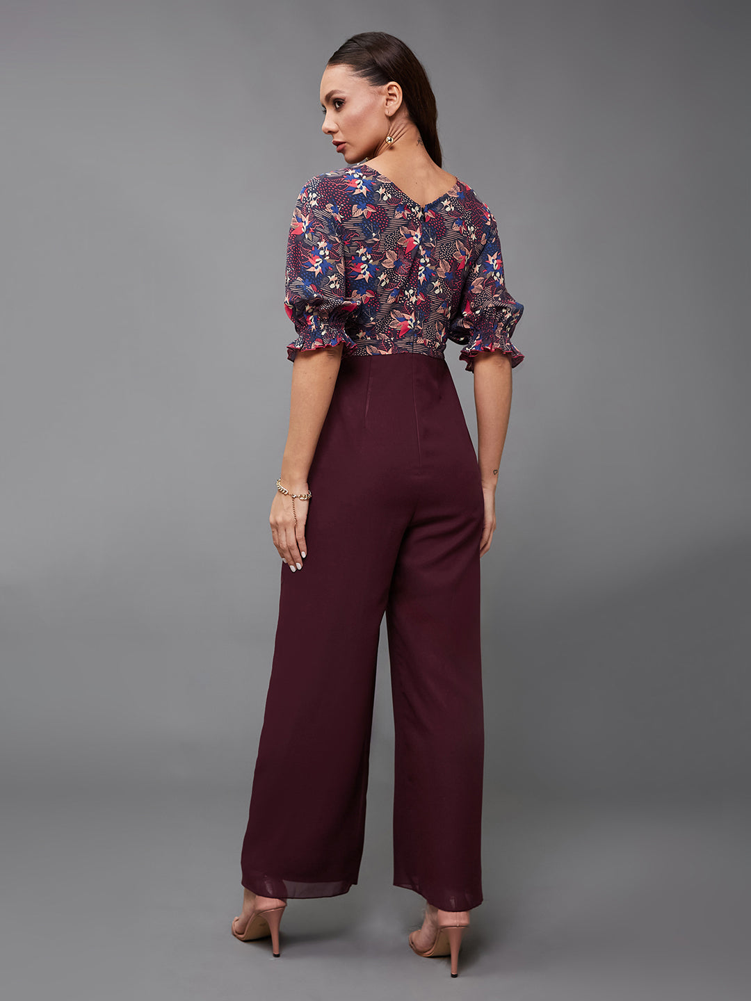 Women's Multicolored-Base-Wine V-Neck Puff Sleeve Floral Patterned Wrap Regular Georgette Jumpsuit