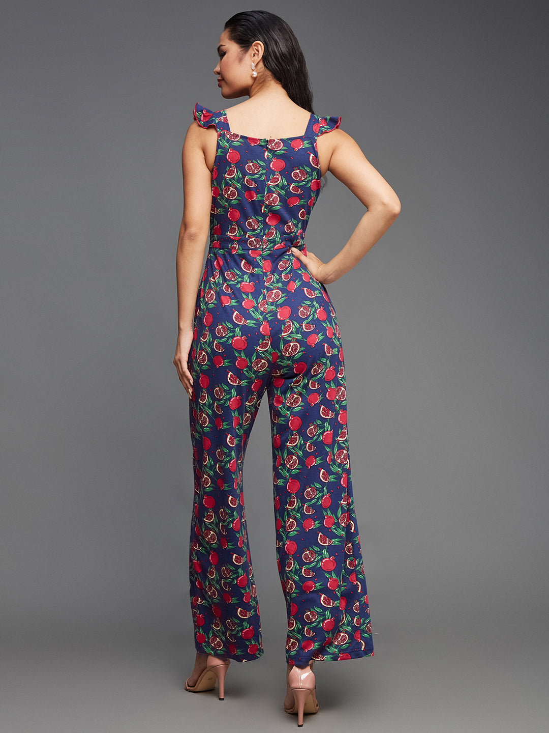 Women's Multicolored-Base-Navy Square Neck Sleeveless Fruit Waist Tie-Up Pure Cotton Regular-Length Jumpsuit