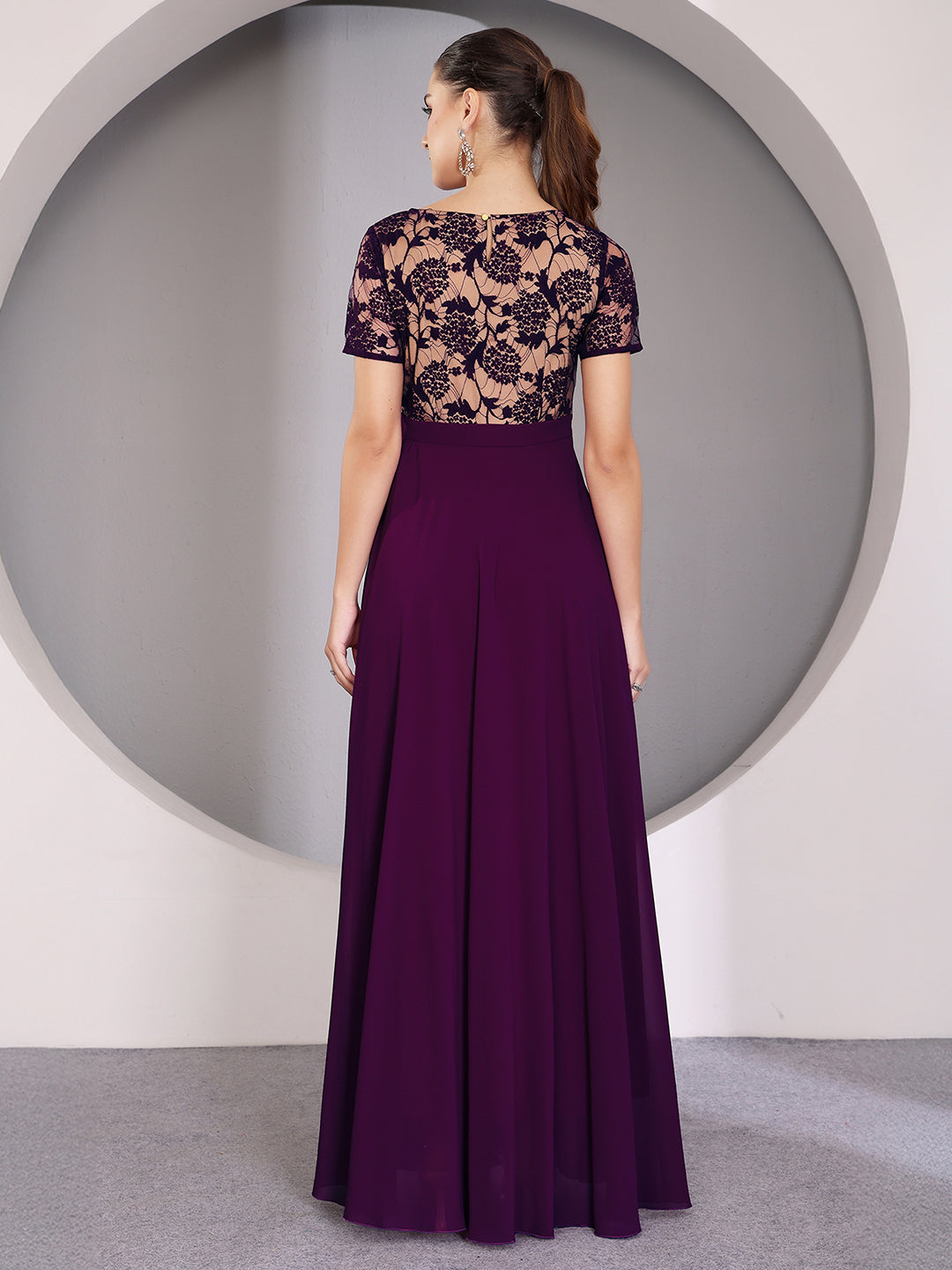 Women's Dark Purple Round Neck Half Sleeve Self Design Fit & Flare Georgette Maxi Dress