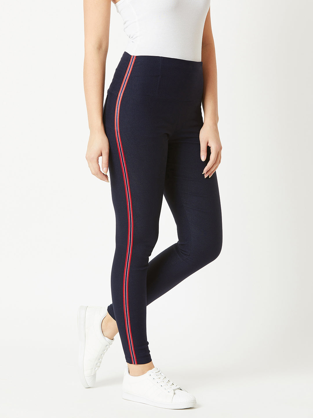 Women's Navy Blue Solid Knitted Skinny Multicolored Twill Tape Detailing Regular Length High-Waist Jeggings
