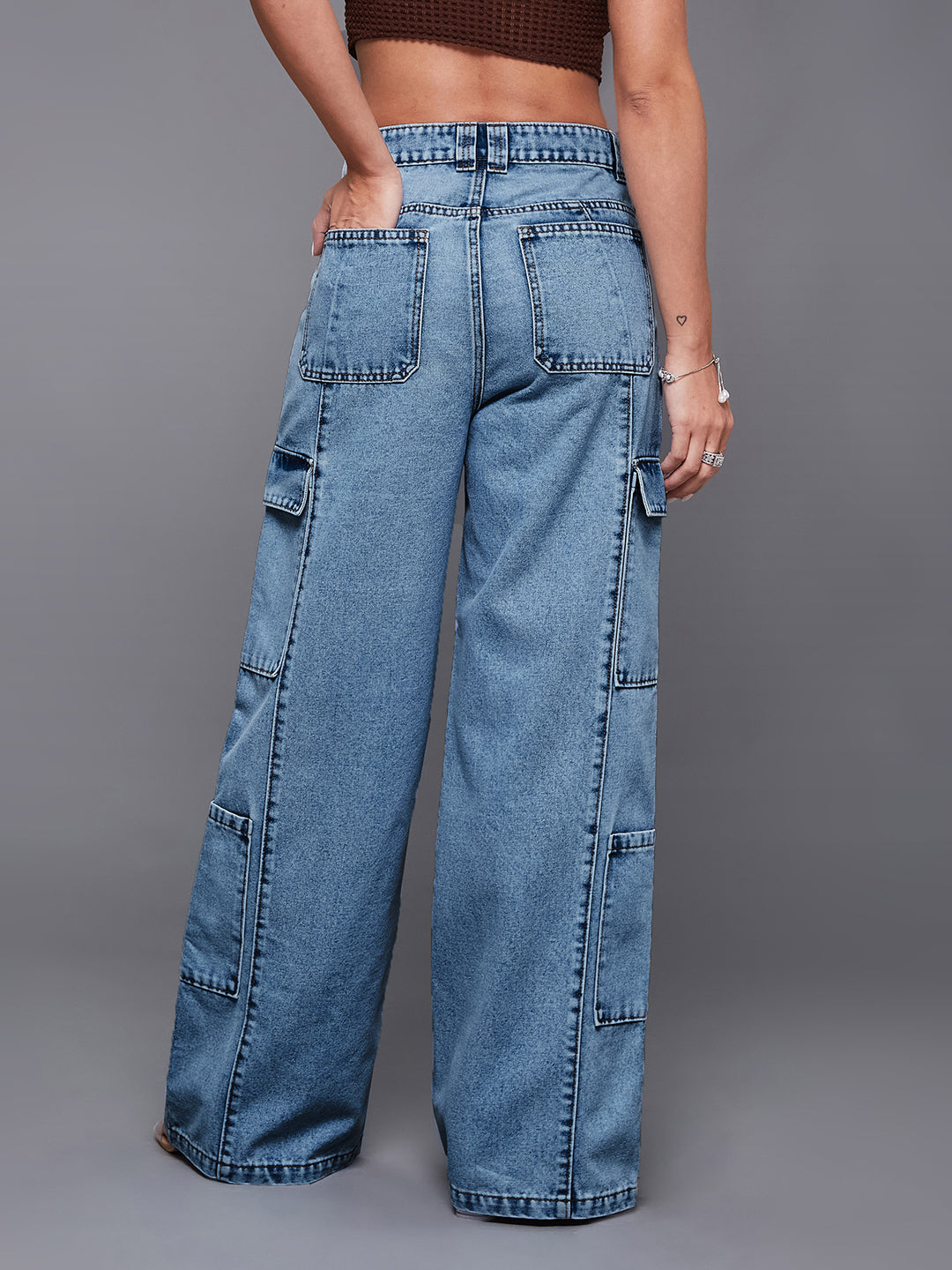 Women's Light Blue Wide-Leg High-Rise Cargo Denim Jeans
