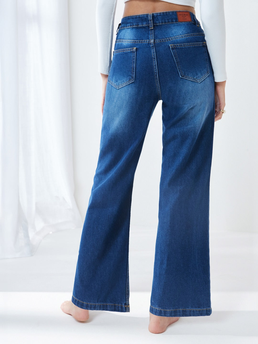 Navy Blue High-Rise Wide-Leg Flared Non-Stretch Jeans with Hand-Painted Art for Women