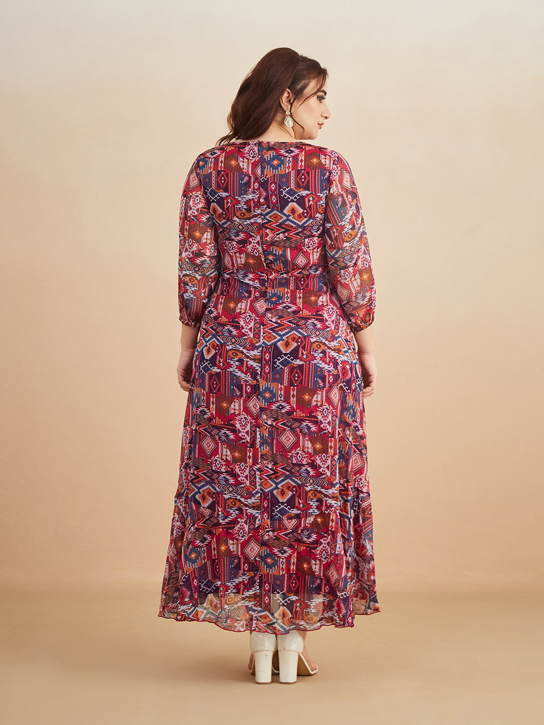 Multicolored V-Neck Three-Quarter Sleeve Geometric Patterned Wrap Midi Chiffon Dress for Women