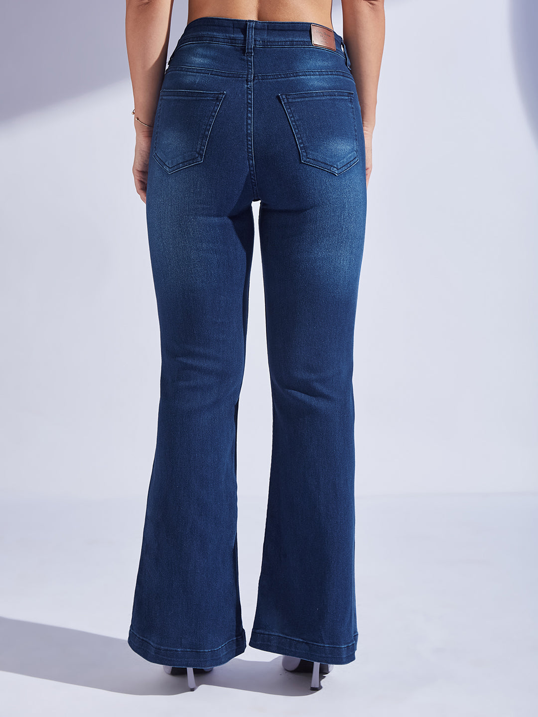 Women's Navy Blue High-Rise Clean-Look Regular-Length Stretchable Bootcut Denim Jeans