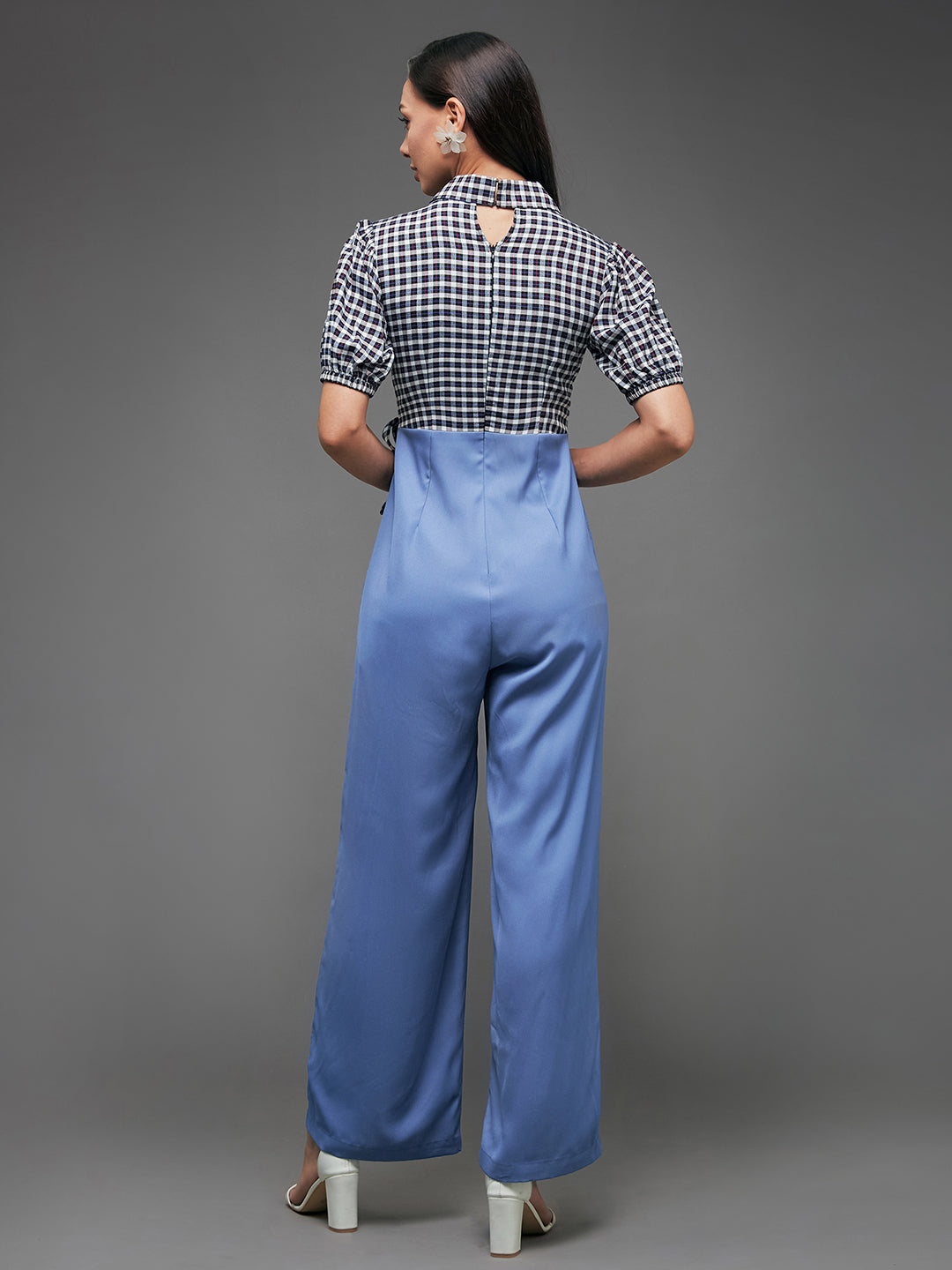 Women's Multicolored-Base-Powder Blue Notched Collared Puff Sleeve Checkered Wrap Regular Crepe Jumpsuit