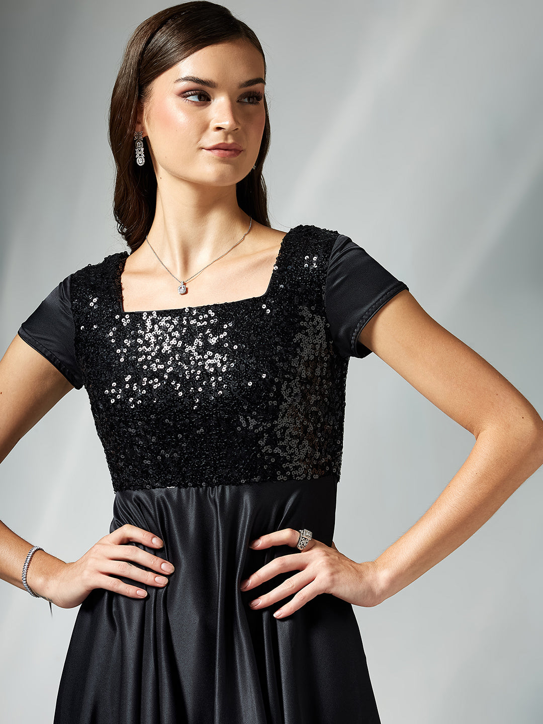 Women's Black Square Neck Short Sleeve Embellished Polyester Fit & Flare Maxi Dress