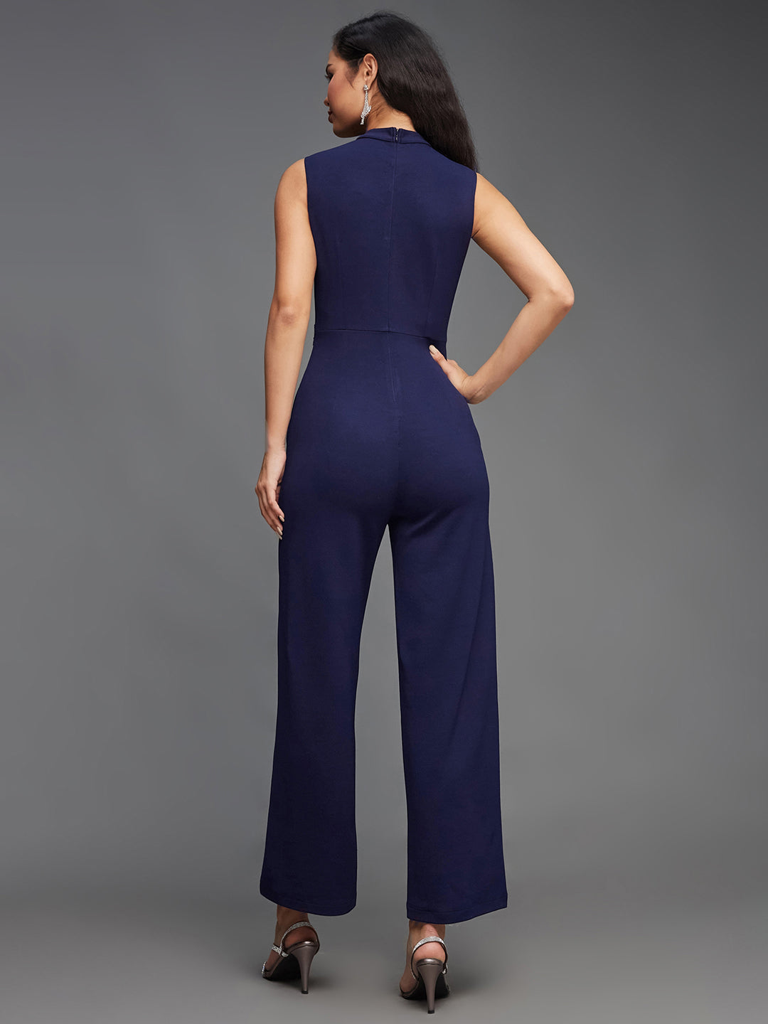Women's Navy-Blue Collared Sleeveless Solid Asymmetric Neck Cut-Out Jumpsuit
