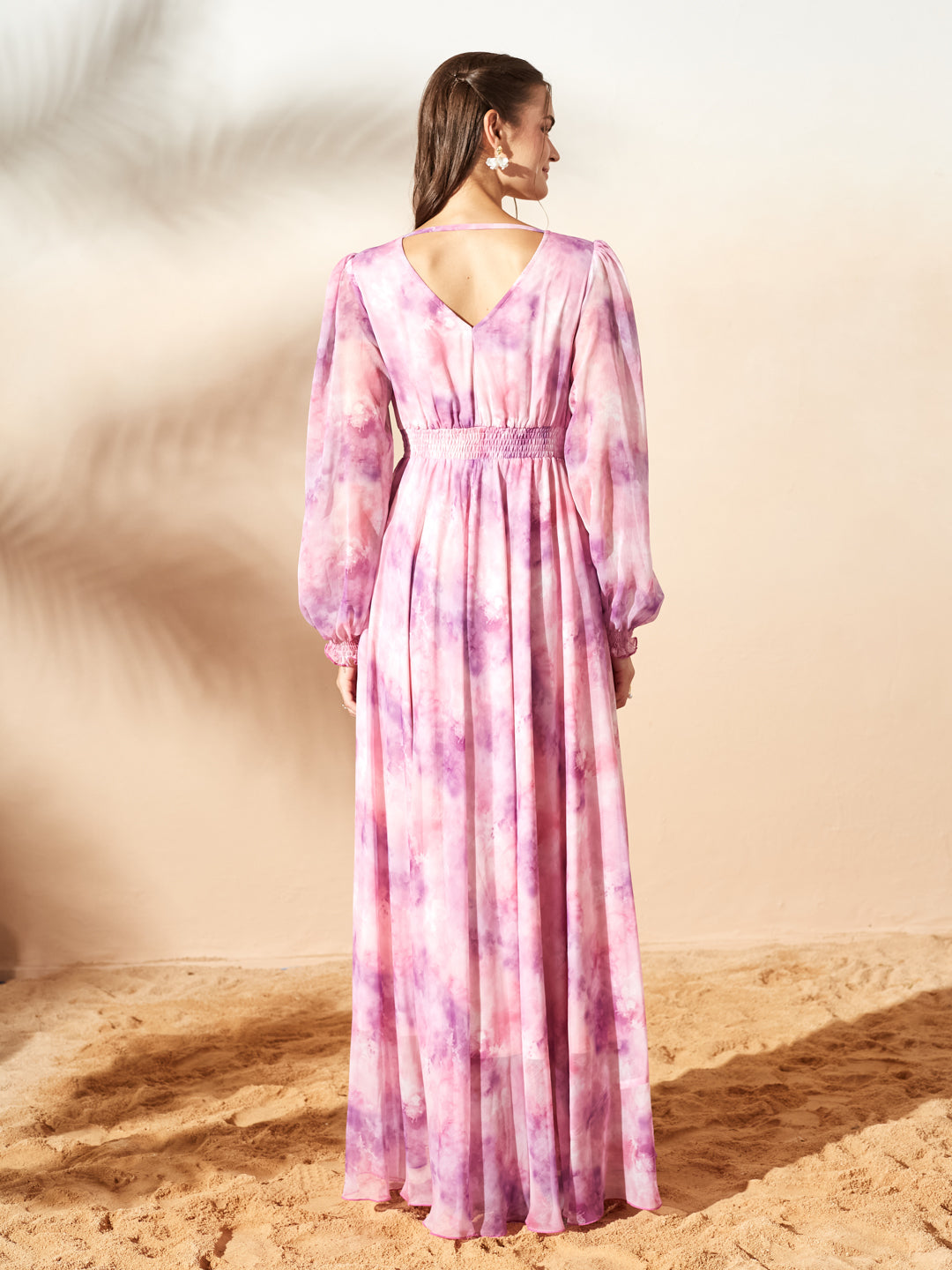 Pink & Lavender Full Sleeves Floral Printed Fit and Flare Dress for Women