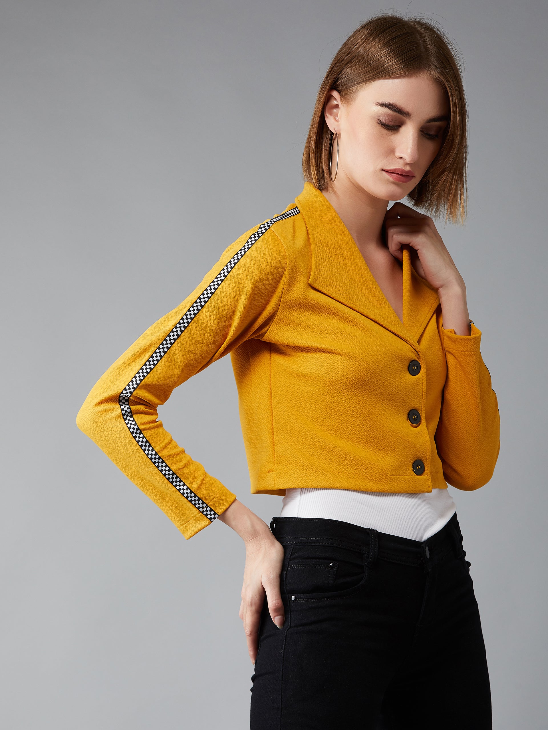 Women's Mustard Collared Full Sleeves Polyknitted Solid Cropped Twill Tape Detailing Jacket