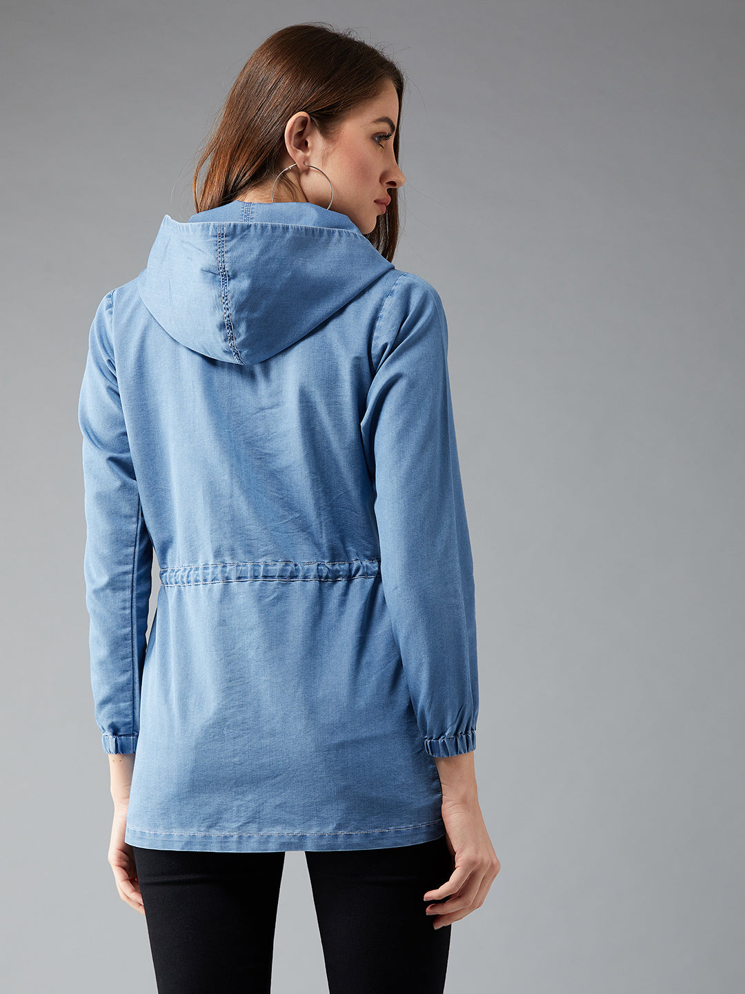 Women's Light Blue Round Neck Full Sleeve Solid Long Hoodie With Tie-Up Regular Jacket