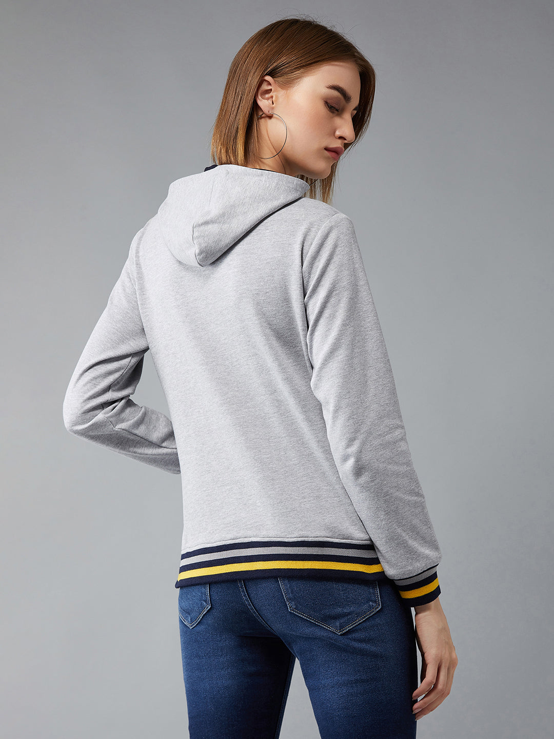 Women's Grey Mock Collar Full Sleeves Premium Cotton, Rib Solid Hooded Regular Length Jacket