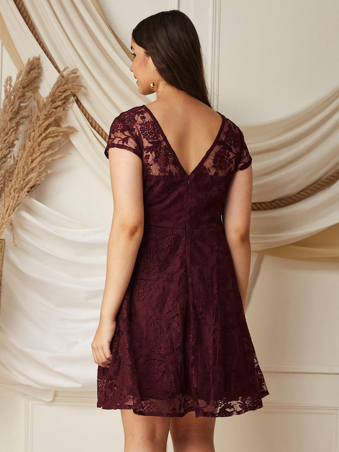 Wine Round Neck Cap Sleeves Low Back Lace Skater Dress for Girls/Teenagers for Women — Mizuki
