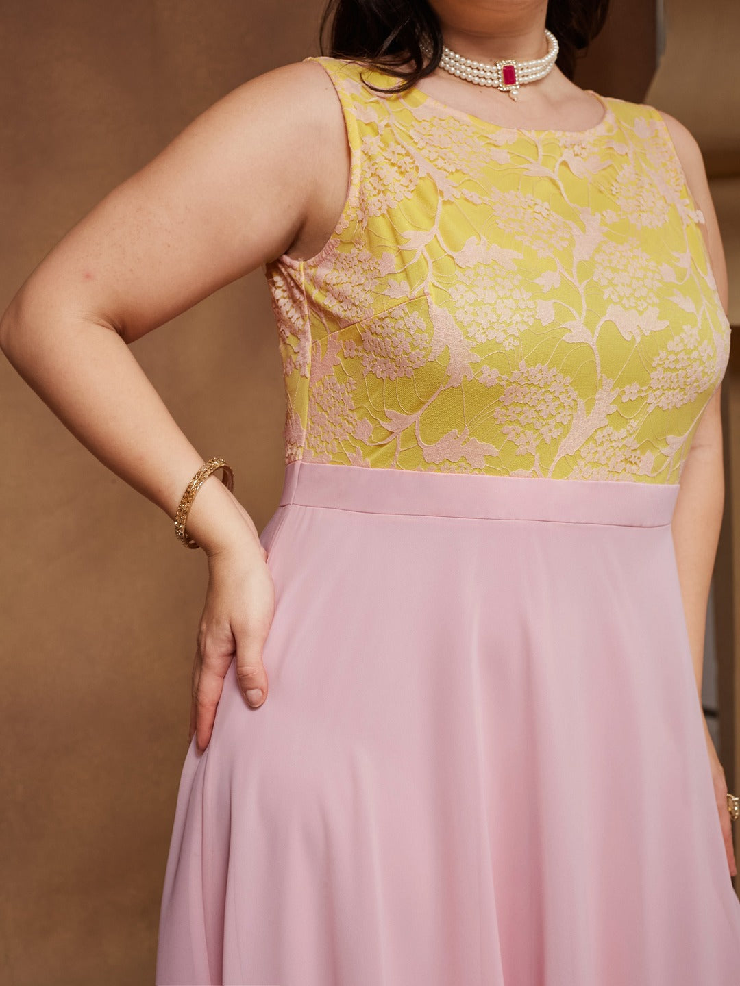 Dusty Pink Boat Neck Sleeveless Self Design Lace Overlaid Georgette Maxi Dress for Women — Miss Chase A+