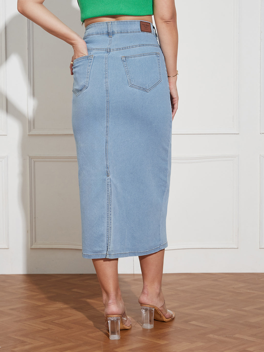 Women's Light Blue Straight High Rise Clean Look Midi Stretchable Denim Skirt