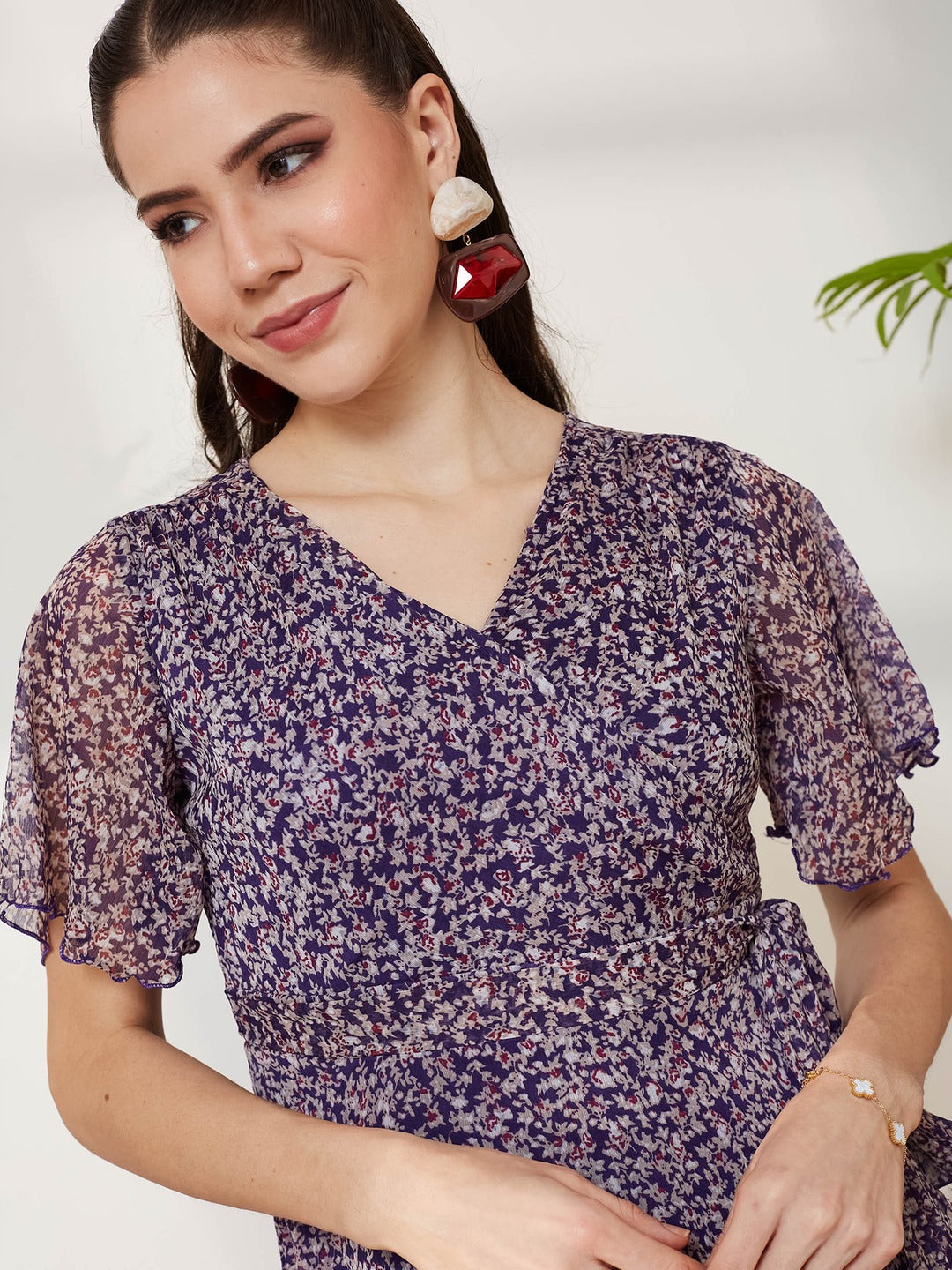 Purple V Neck Flared Sleeve Floral Wrap Chiffon Maxi Dress for Women