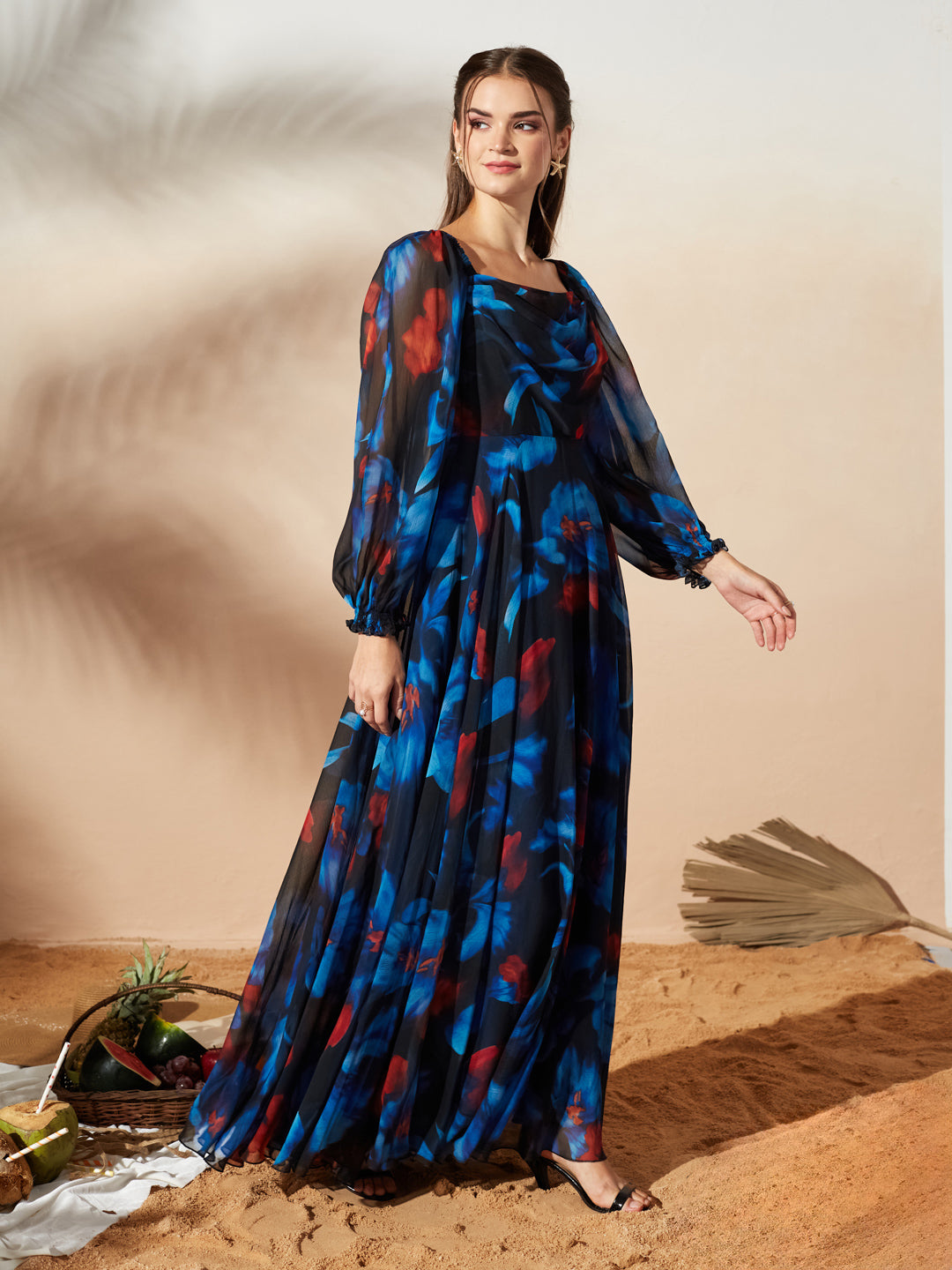 Black V-Neck Puff Floral Overlap/ Tiered Maxi Chiffon Ethnic Dress for Women — Miss Chase