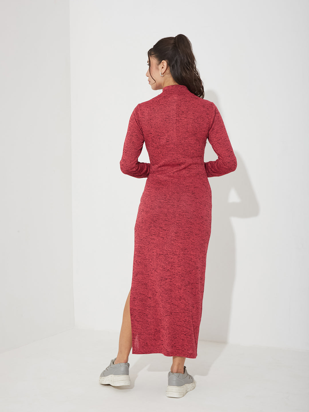 Maroon Mock Neck Full Sleeve Solid Bodycon Maxi Cotton Dress for Women
