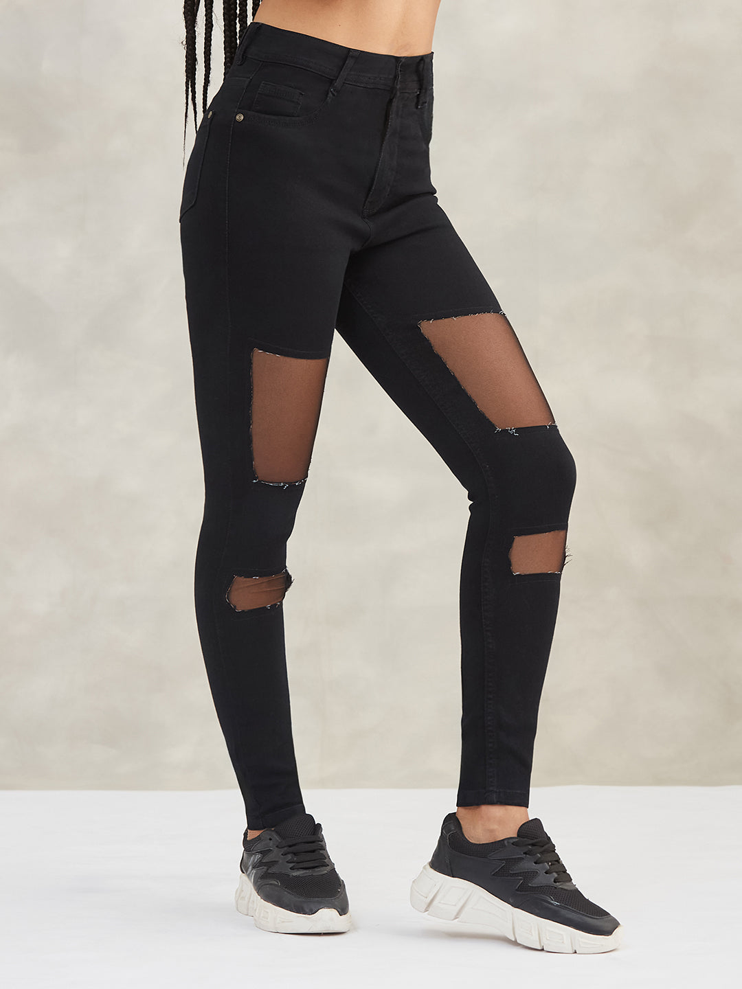 Women's Black Slim-Fit High-Rise Mild-Distress Ripped Net Detailing Denim Stretchable Jeans