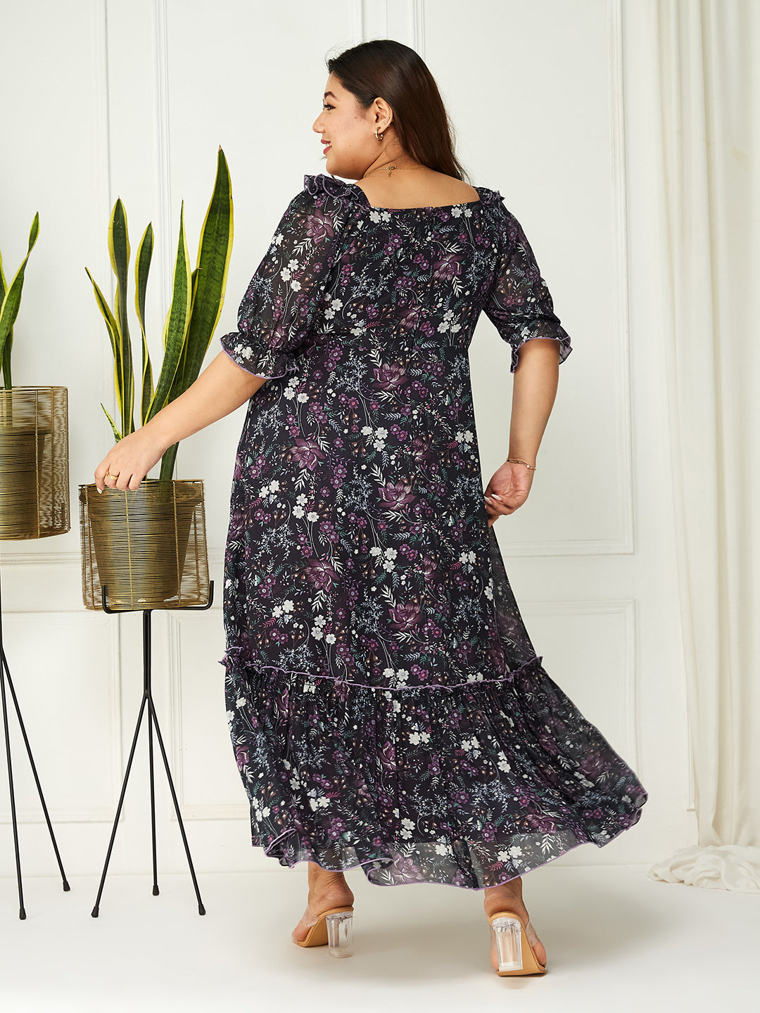 Black Multicoloured Floral Printed Puff Sleeves Sweetheart Neck Fit and Flare Maxi Dress Gown for Women