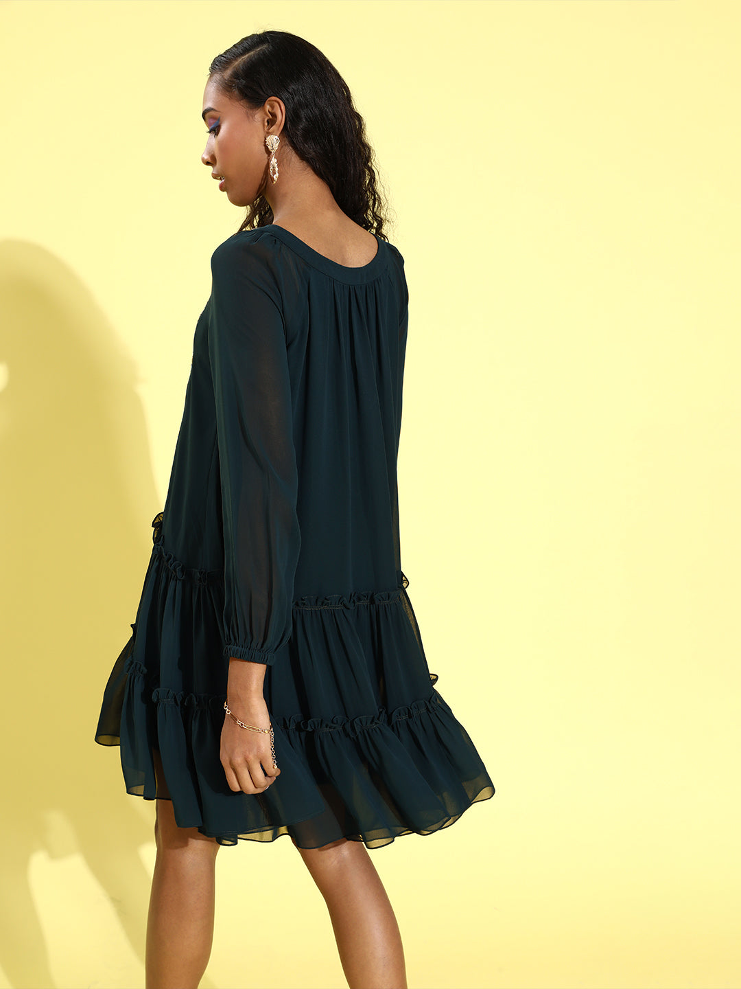 Women's Teal V-neck Full Sleeve Solid Embellished Knee Length Dress