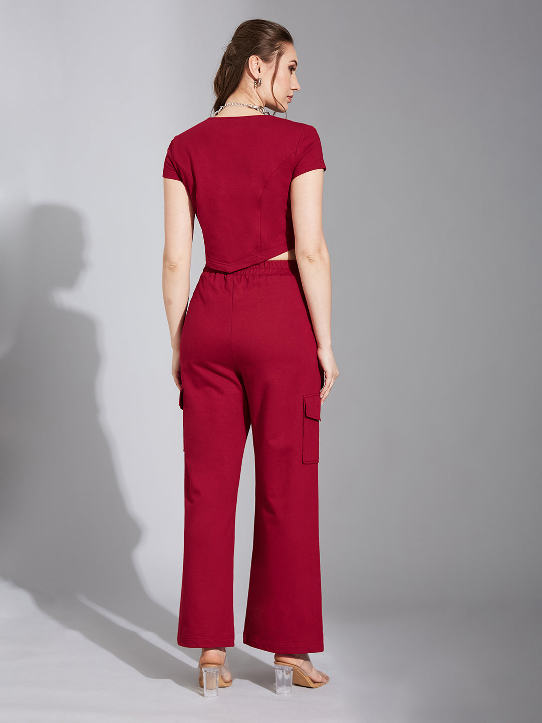 Women's Maroon Wide-Neck Short Sleeve Solid Regular-Length Flap Pocketed Cotton Panelled Co-Ord Set