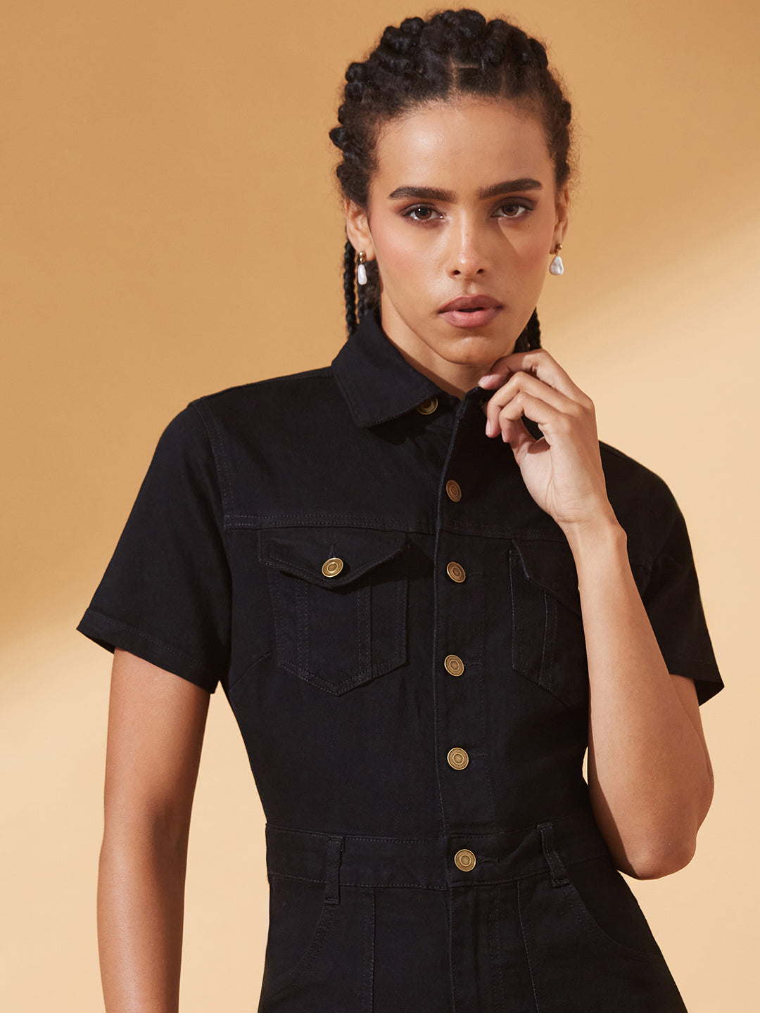 Black Flared High-Rise Stretchable Denim Jumpsuit for Women — Dolce Crudo