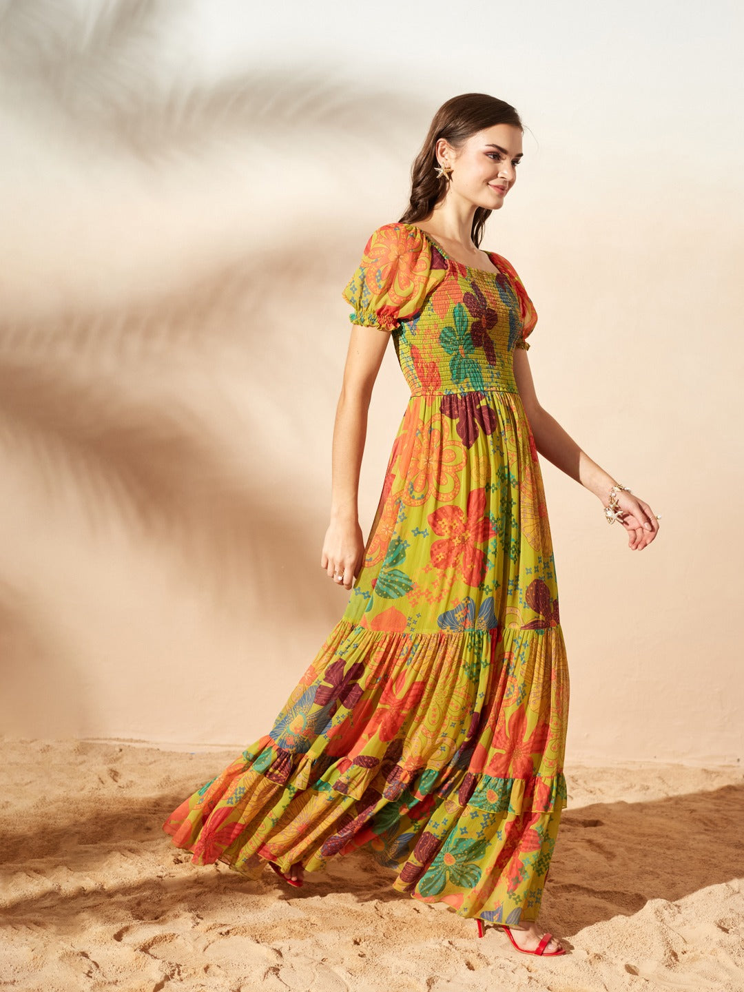 Lime Green Square Neck Puff Sleeve Floral Fit And Flare Maxi Chiffon Dress for Women