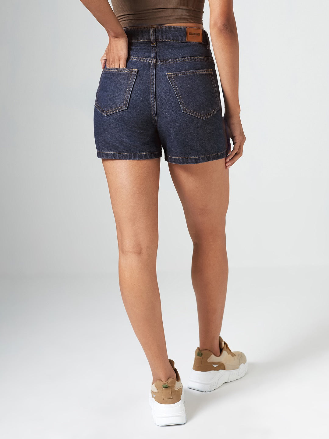 Dark Blue Flared High-Rise Clean-Look Regular-Length Denim Shorts for Women