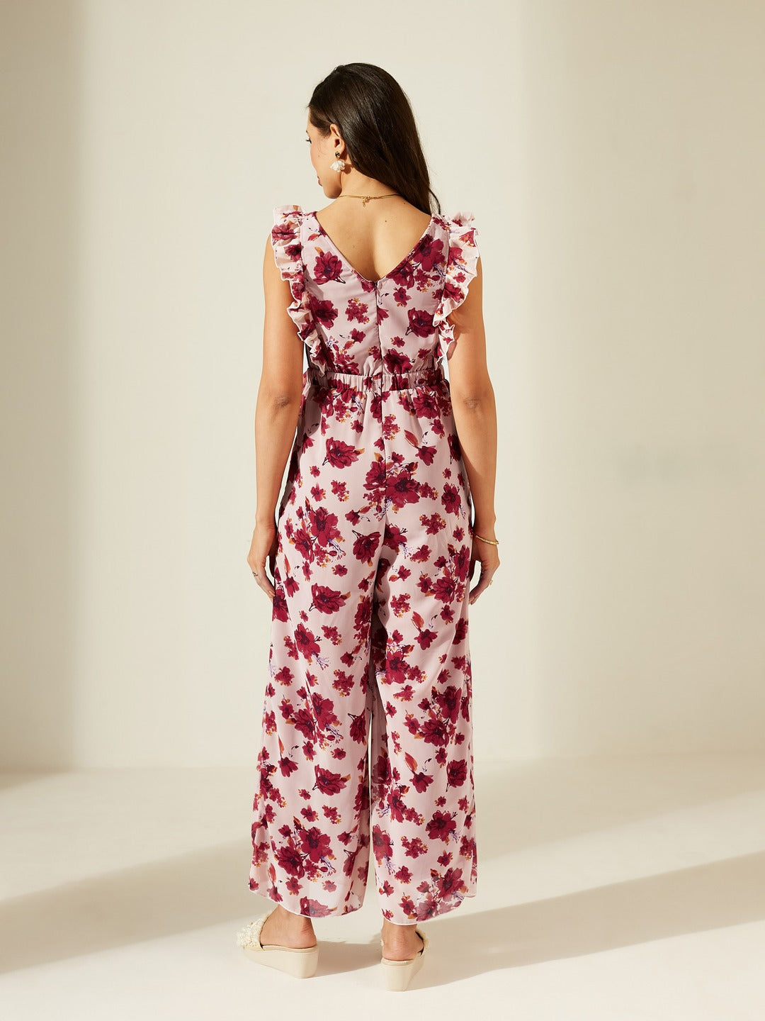 Light Pink Round neck Sleeveless Floral Wide Leg Regular Jumpsuit for Women