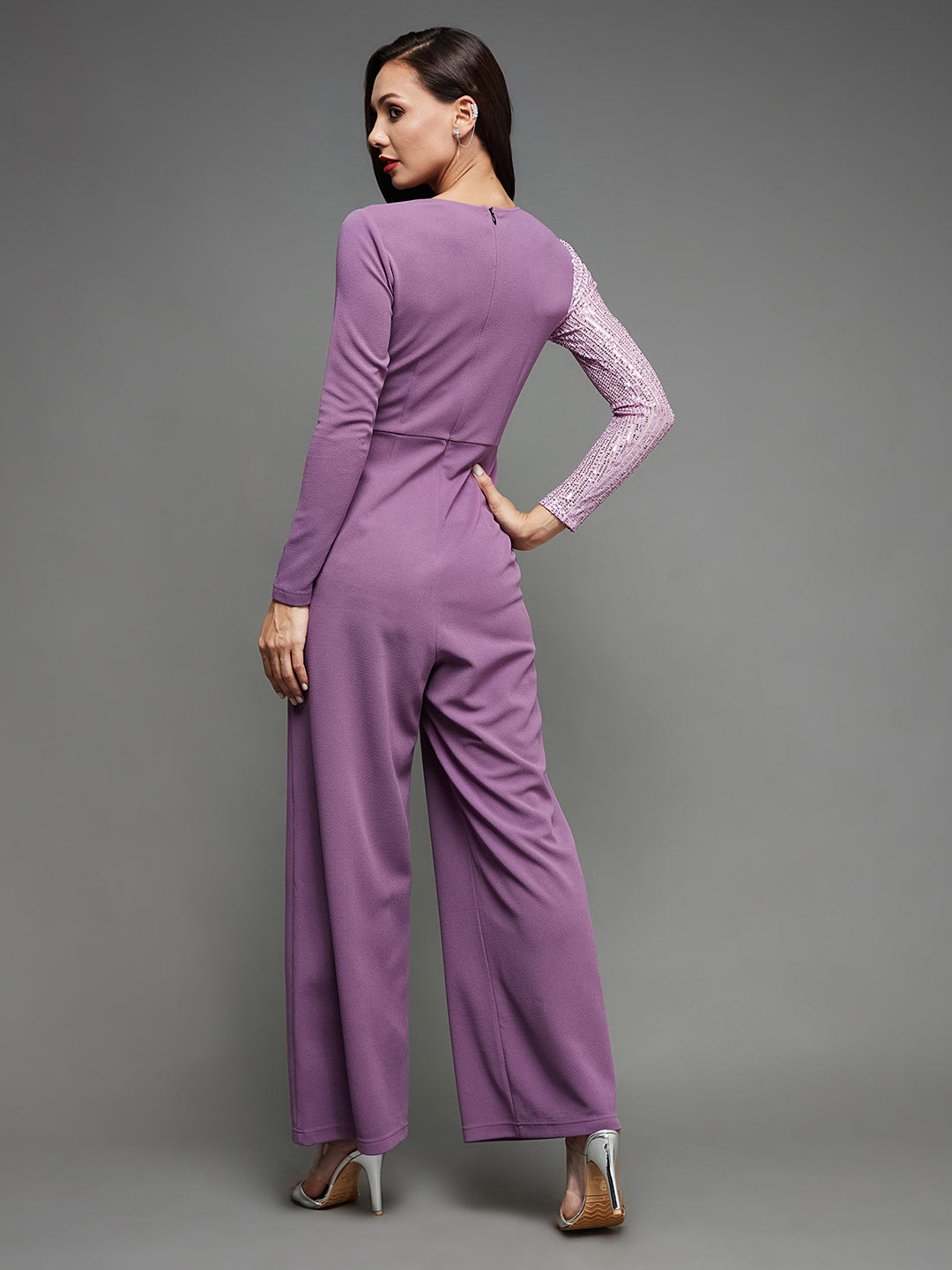 Crease Ease Women's Lavender V-Neck Full Sleeve Embellished Asymmetric Party Jumpsuit