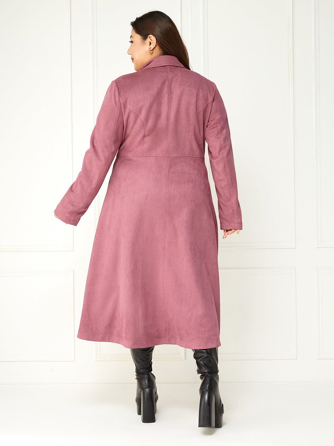 Body Bliss Mauve Solid Double Breasted Longline Jacket for Women