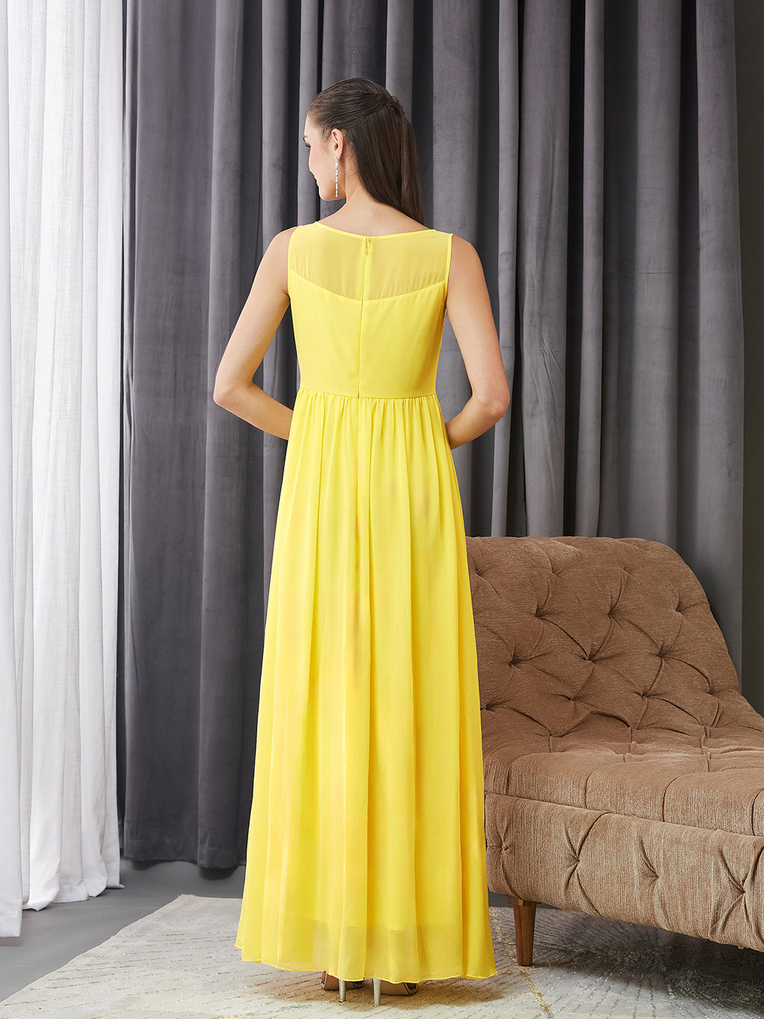 Women's Light Yellow Boat Neck Sleeveless Embroidered Georgette Gathered Maxi Dress