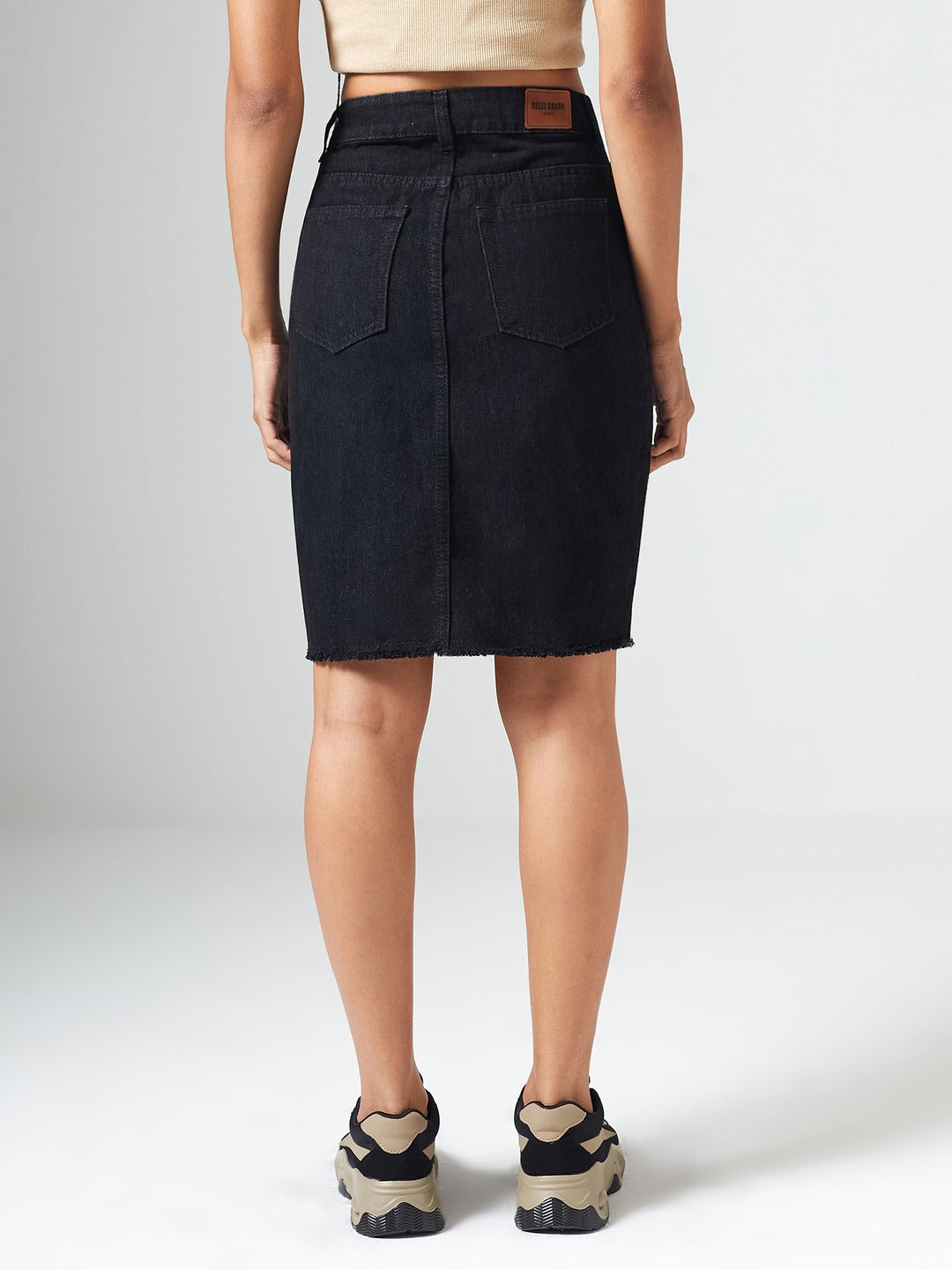 Black Bodycon High Rise Clean Look Above Knee Denim Skirt for Women