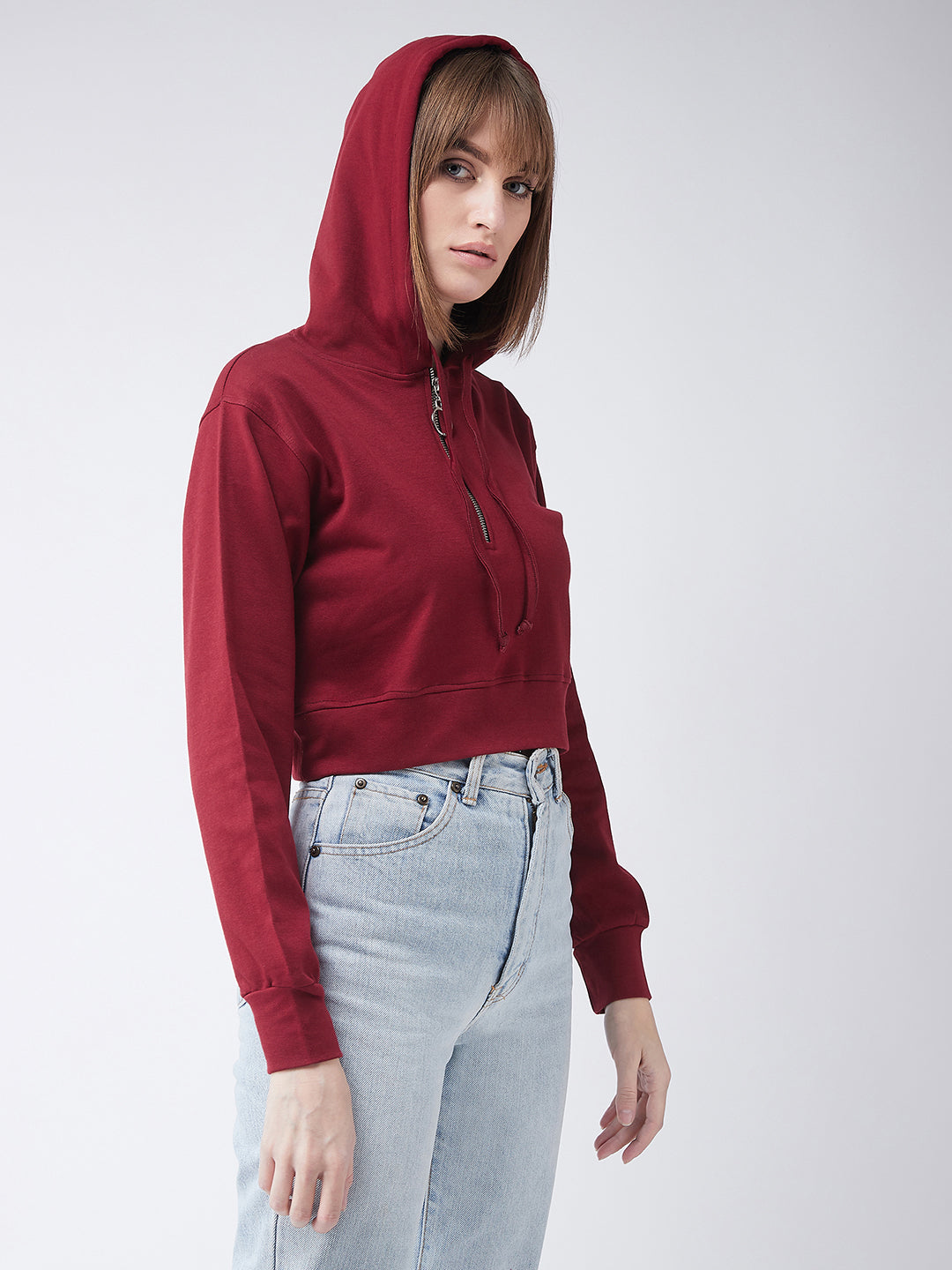 Maroon Solid Round Neck Full Sleeve Hooded Boxy Crop Zippered Sweatshirt for Women — Miss Chase