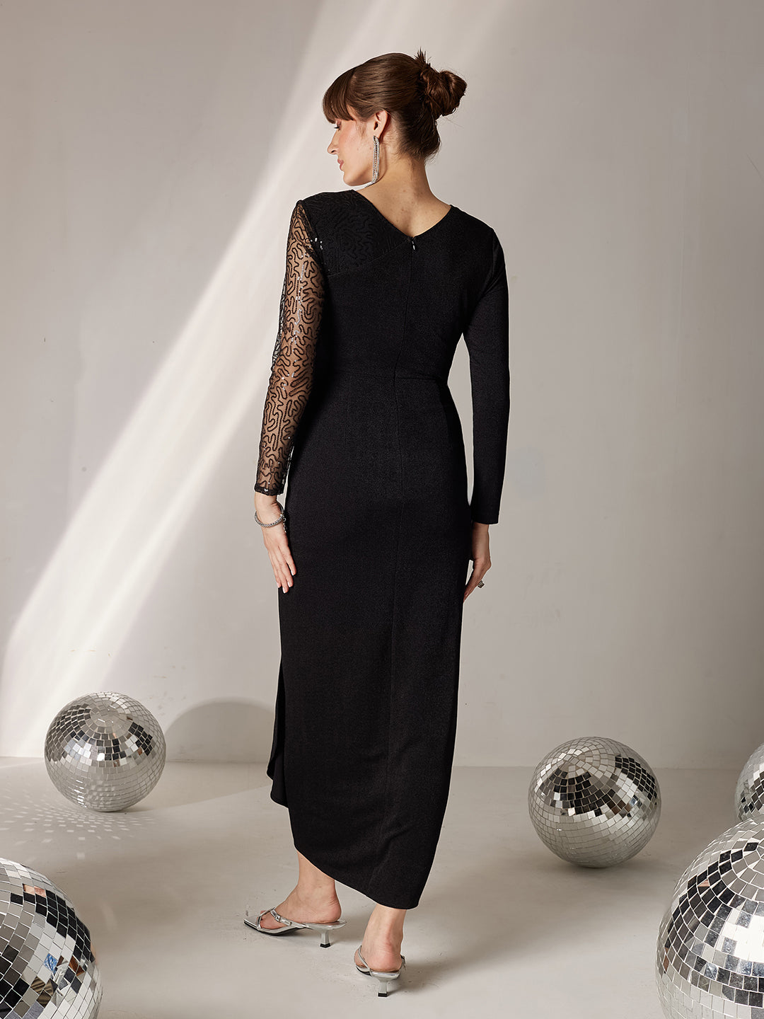 Women's Black V-Neck Full Sleeve Embellished Pleated Longline Dress