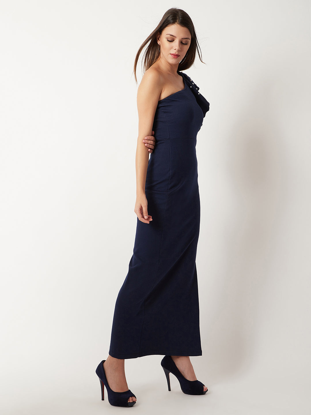 Navy Blue Flutter Sleeve with Pearls Maxi Dress Long Dress Frock