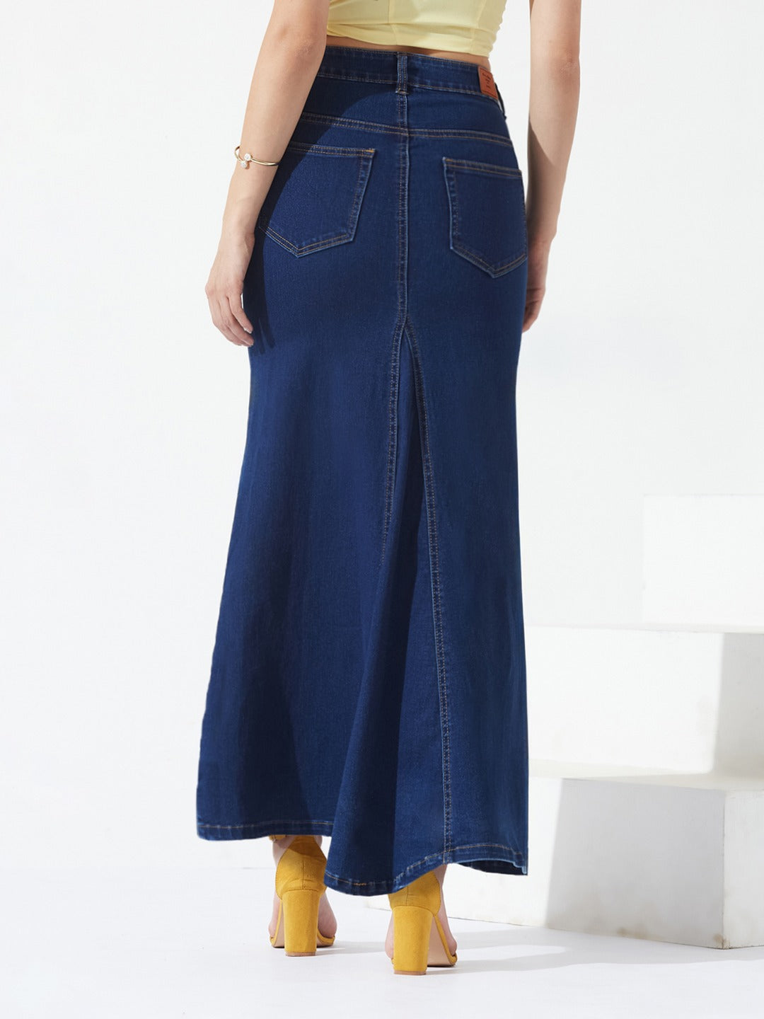 Dark Blue Flared High-Rise Stretchable Denim Maxi Skirt for Women
