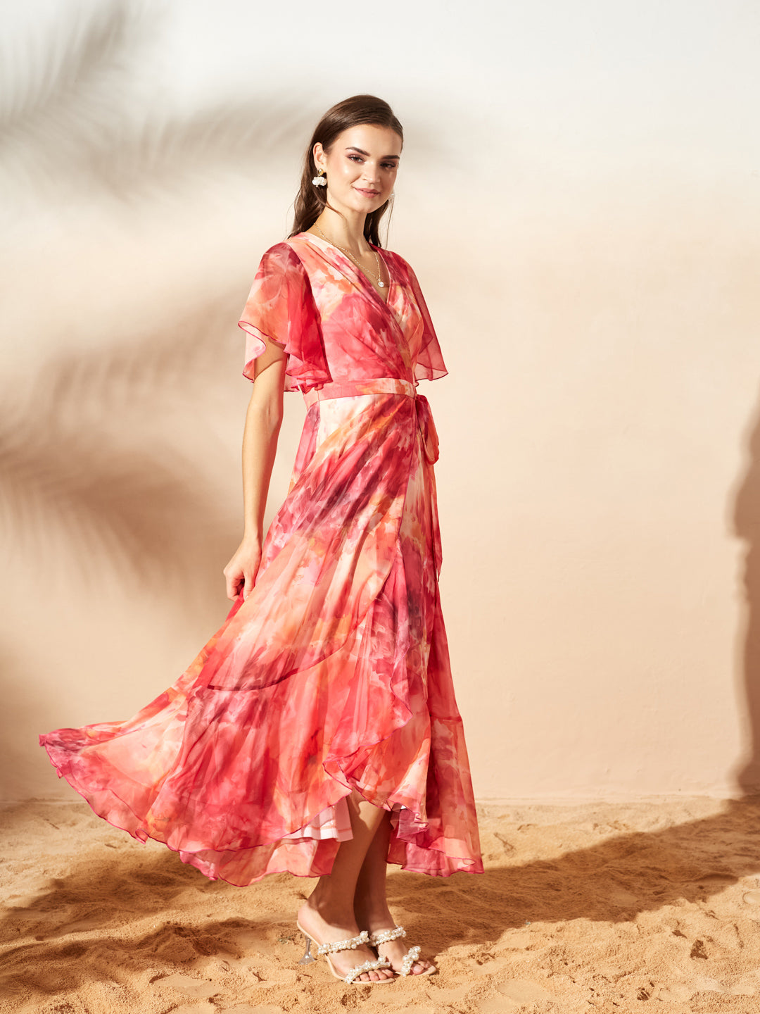 Flame Orange And Pink V-Neck Flared Abstract Overlap/Tie-Up Maxi Chiffon Dress for Women