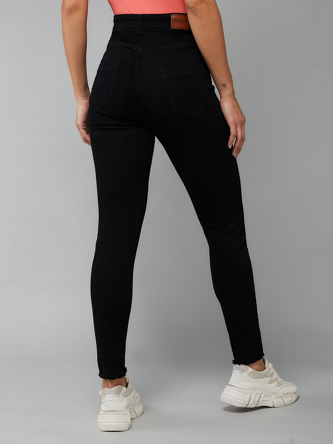 24/7 Comfort Black Skinny Fringed Detailing High-Rise Cropped Stretchable Denim Jeans