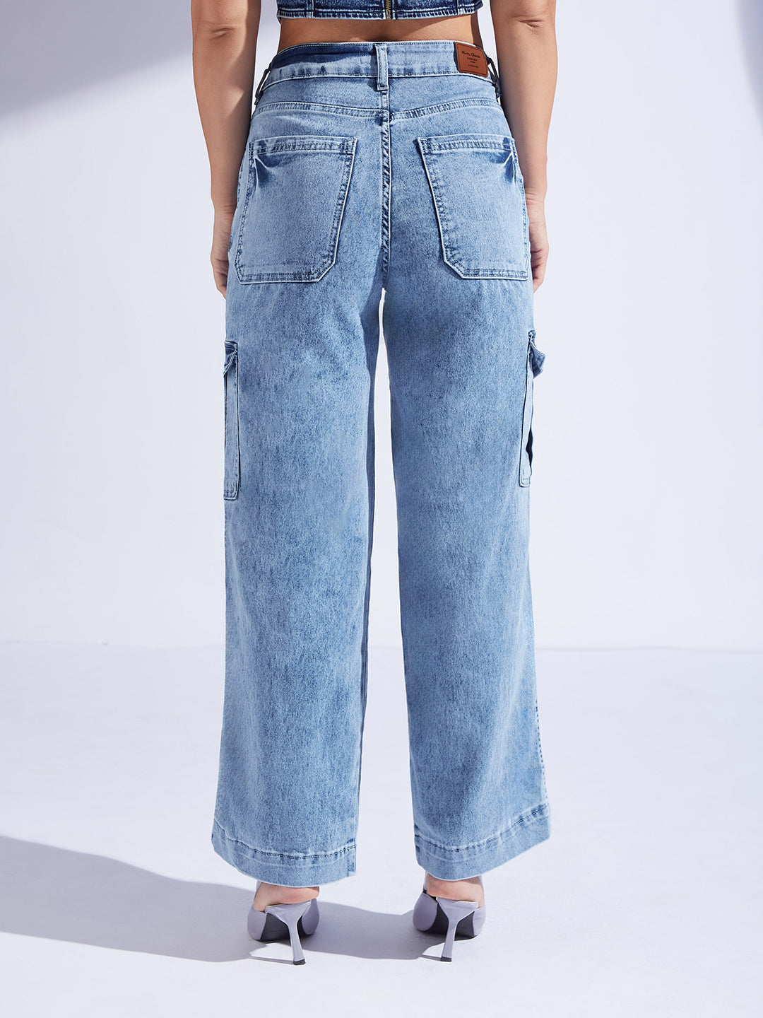 Women's Light Blue Wide-Leg High-Rise Clean-Look Regular-Length Stretchable Flared Cargo Style Denim Jeans