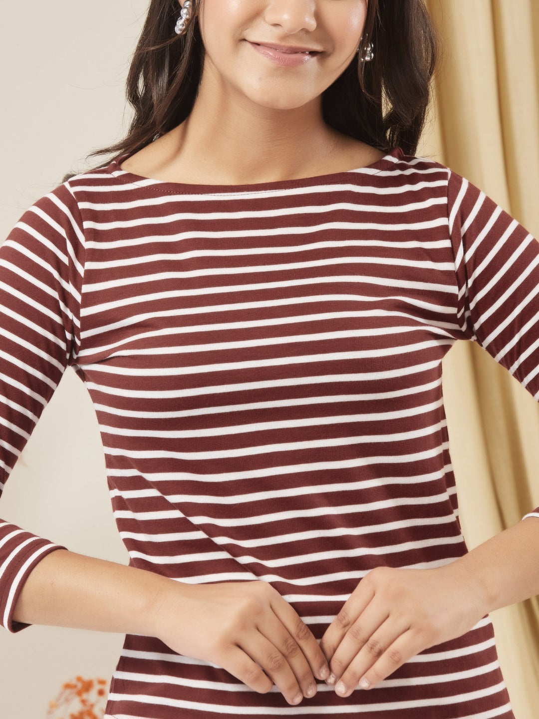 Maroon & White Boat Neck 3/4 Sleeve Cotton Striped Top for Girls/Teenagers